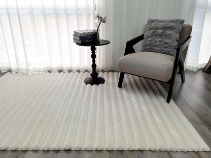 Area Rugs Striped Soft Faux Rabbit Fur Rug 5X7 Becky Beige Plush Carpet Shag Cozy Fluffy Rug Non Slip Rugs, Machine Washable Shaggy Area Rug Bedroom Living Room and Dining Room.