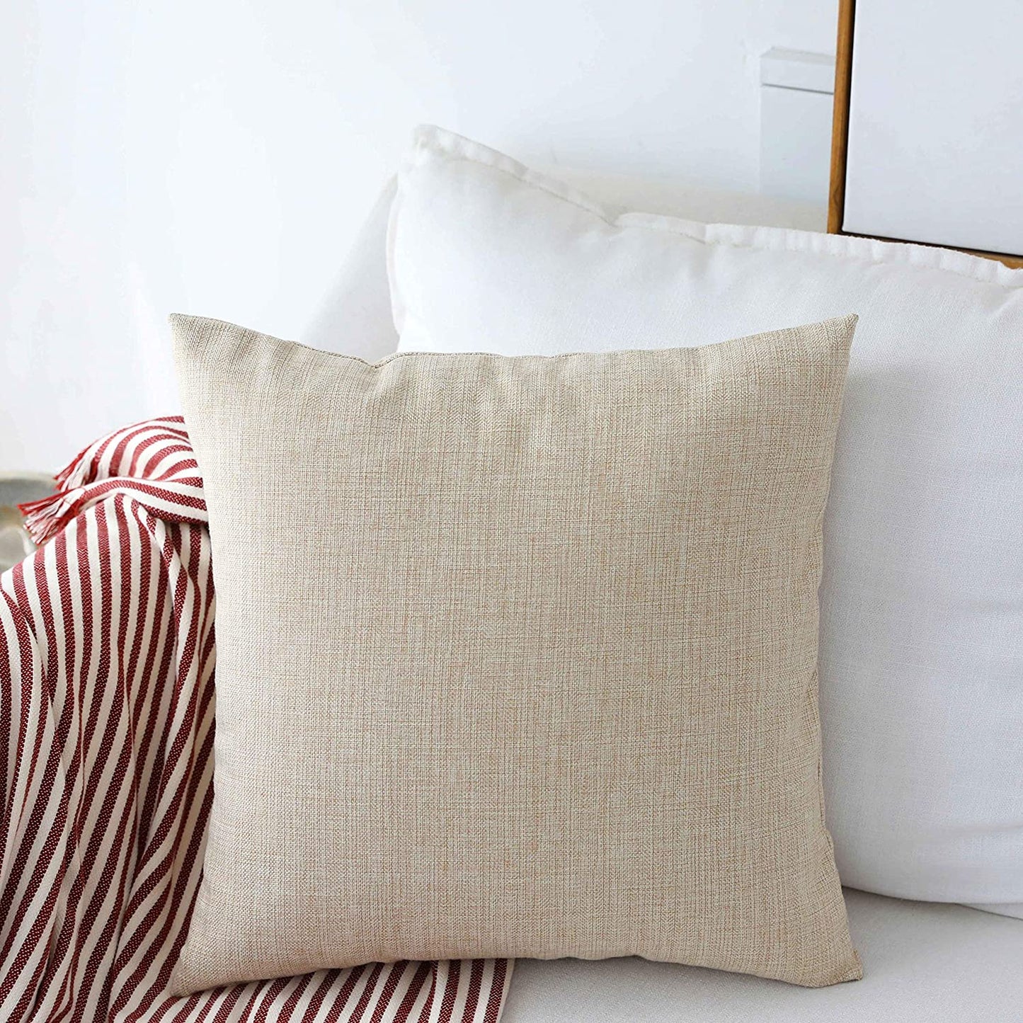 Linen Throw Pillow Cover Burlap Square Cushion Cover Pillow Sham for Couch Living Room Holiday Decor, Light Linen, 18X18 Inches(45Cm)