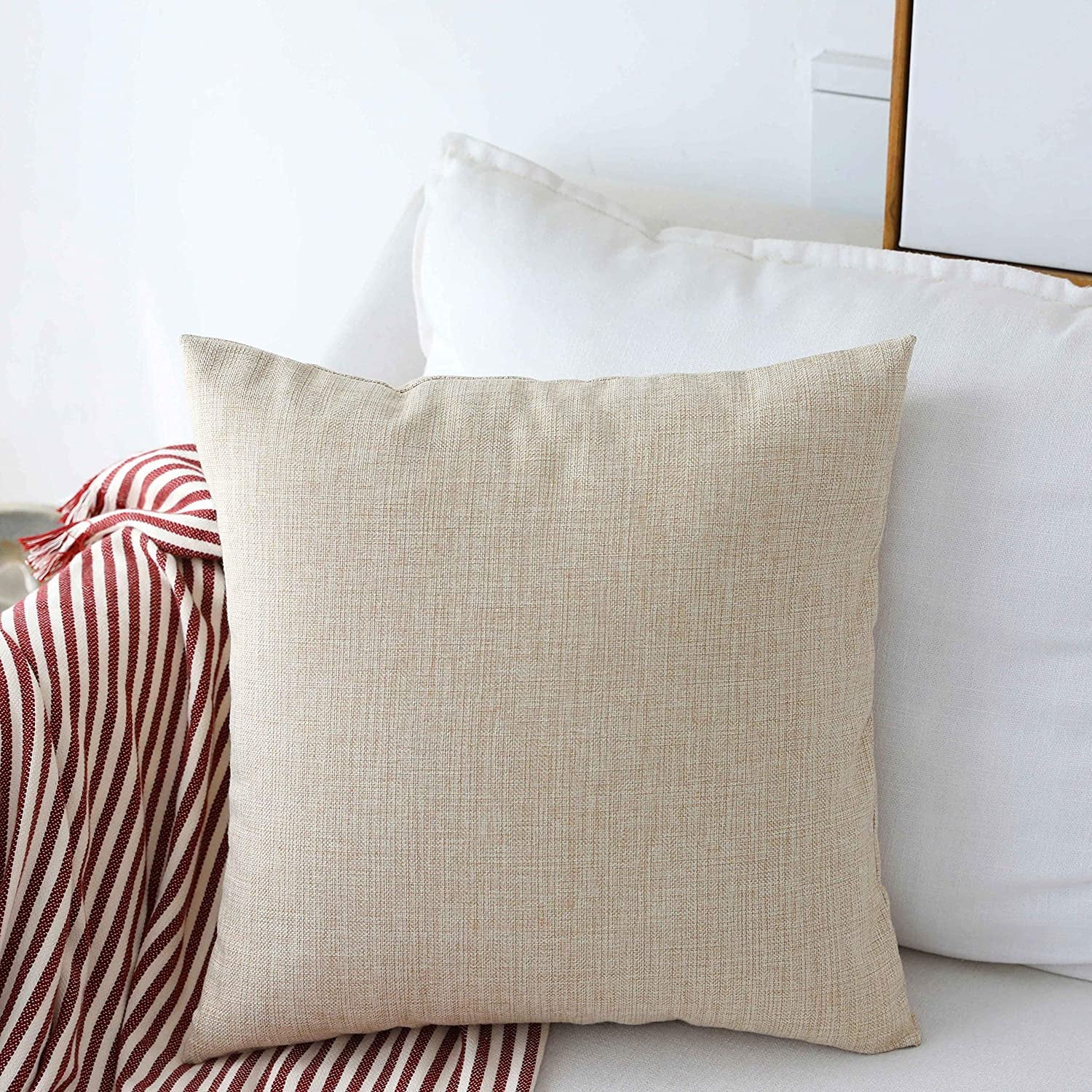 Linen Throw Pillow Cover Burlap Square Cushion Cover Pillow Sham for Couch Living Room Holiday Decor, Light Linen, 18X18 Inches(45Cm)