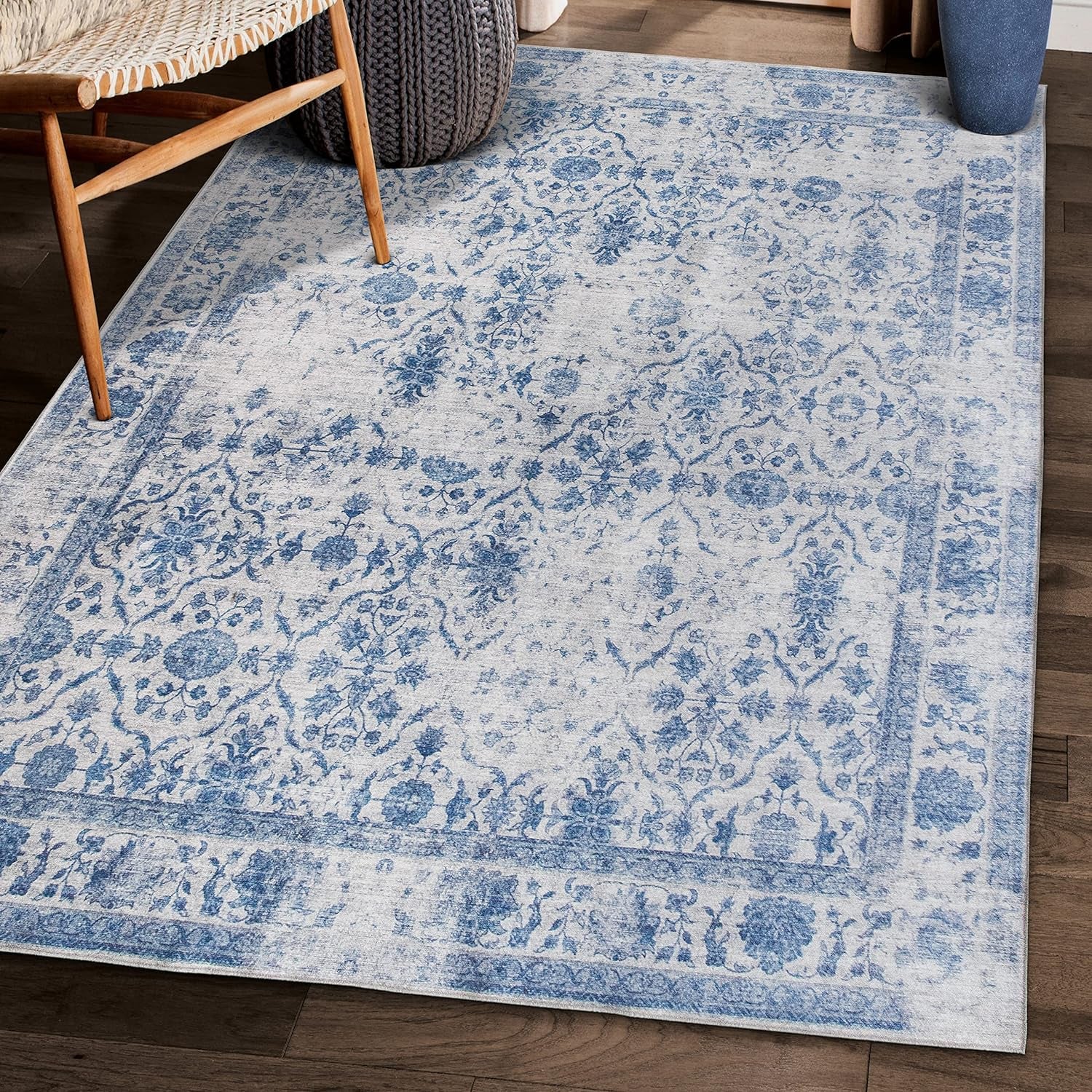 Realife Machine Washable Area Rug Runner - Living Room Bedroom Bathroom Kitchen Entryway Office - Padded Low Pile Stain Resistant Premium - Boho Farmhouse Vintage - Noor - Grey Blue 2'6" X 6'