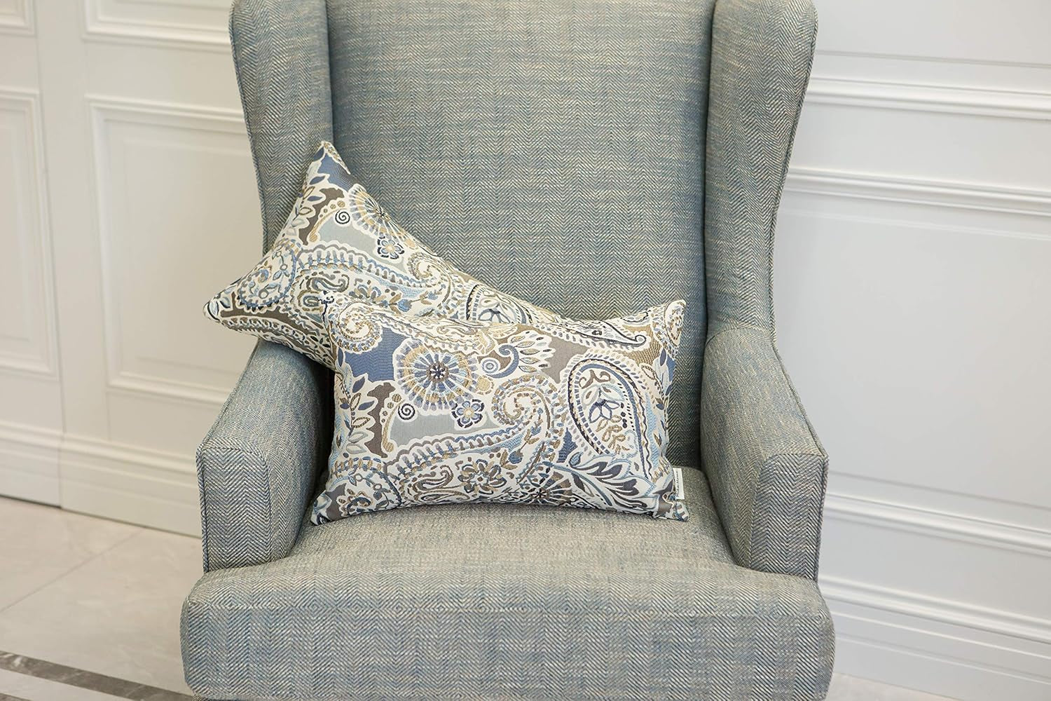 Pack of 2 Oblong Rectangular Throw Pillow Cover Cushion Cases for Sofa Couch Chair,Paisley Pattern,12X20 Inches,Blue Brown Cream Multicolor