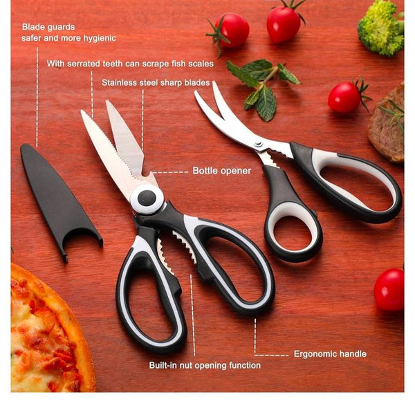 OMDAR Kitchen Scissors - 3 Pack Heavy Duty Stainless Steel Shears for Cutting Meat, Food, Fish, Poultry - Dishwasher Safe - Cover, Board Thick