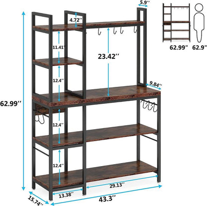 Tribesigns 63 Inch Tall Kitchen Racks, 5-Tier Bakers Rack with Storage and 10 Hooks for Kitchen Metal Organiser, Industrial Wood Shelf Room Wooden
