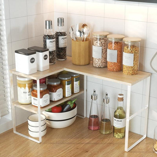 Countertop Organizer Corner Shelf, 2 Tier Adjustable Stackable Corner Shelves for Kitchen, Bathroom, Spice Rack, Coffee Bar, over Sink, Dresser Table, Corner Counter Shelf Stand, Natural Beige