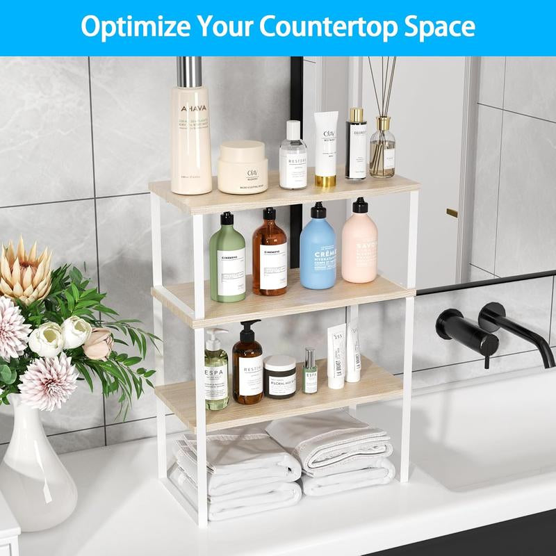 Countertop Organizer Corner Shelf, 2 Tier Adjustable Stackable Corner Shelves for Kitchen, Bathroom, Spice Rack, Coffee Bar, over Sink, Dresser Table, Corner Counter Shelf Stand, Natural Beige