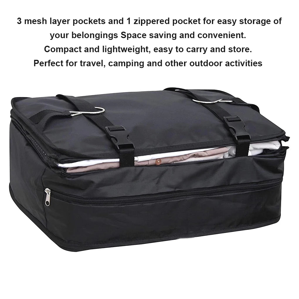 Outdoor Storage Mesh Bag Foldable 3 Layers 2 Hooks Zipper Pocket Hanging Barbecue Travel Fishing Camping Clothes