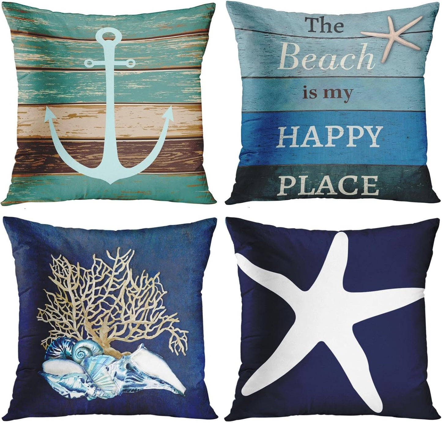 Set of 4 Throw Pillow Covers Nautical Coastal Beach and Blue Turquoise Anchor Weathered Wood Old Decorative Pillow Cases Home Decor Square 20X20 Inches Pillowcases