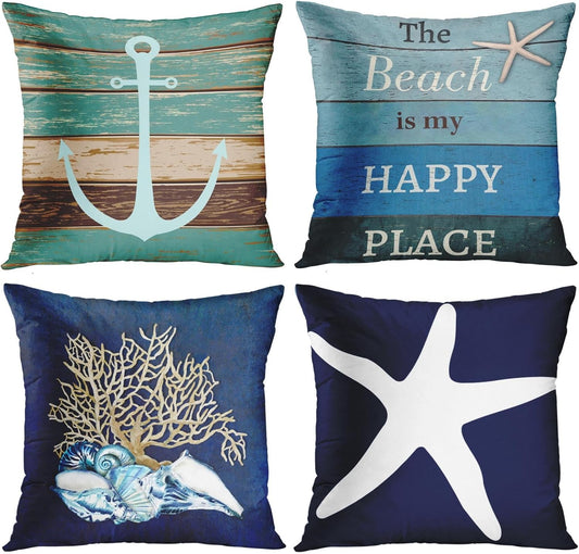 Set of 4 Throw Pillow Covers Nautical Coastal Beach and Blue Turquoise Anchor Weathered Wood Old Decorative Pillow Cases Home Decor Square 20X20 Inches Pillowcases