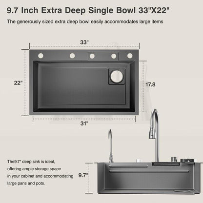 Bronstarz 33*22 INCH Black Nano Drop in Sink 304 Stainless Steel Waterfall Sink with Pull down Sprayhead Faucet Single Bowl Drop in Kitchen Sink Workstation with LED TEMP Display (33 X 22 IN)