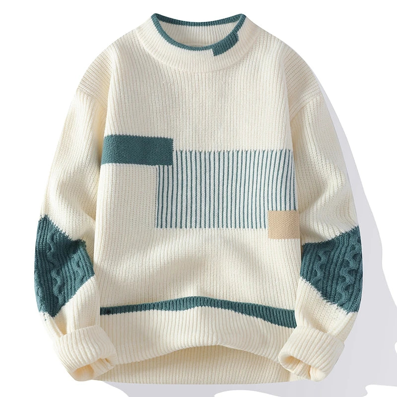 Men'S Mock Neck Knitted Sweater Fashion Patchwork Knitting Pullovers Men Autumn Winter Daily Casual Warm Pullover Sweaters Man