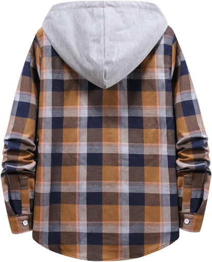 Plaid Flannel Hoodie Jacket Long Sleeve Casual Button up Quilted Buffalo Thermal Sweatshirt Fall Winter Outwear(Coffee,X-Large)