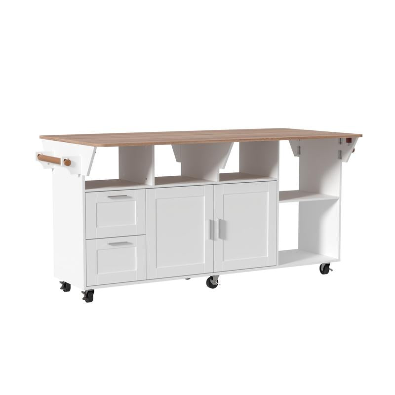 FUFU&GAGA Kitchen Island with Storage, Rolling Kitchen Island on Wheels with Drop-Leaf Bar Countertop, Island Table for Kitchen with Side Open Spice Rack and Tower Rack, Extra Storage for Kitchen