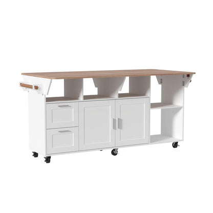 FUFU&GAGA Kitchen Island with Storage, Rolling Kitchen Island on Wheels with Drop-Leaf Bar Countertop, Island Table for Kitchen with Side Open Spice Rack and Tower Rack, Extra Storage for Kitchen