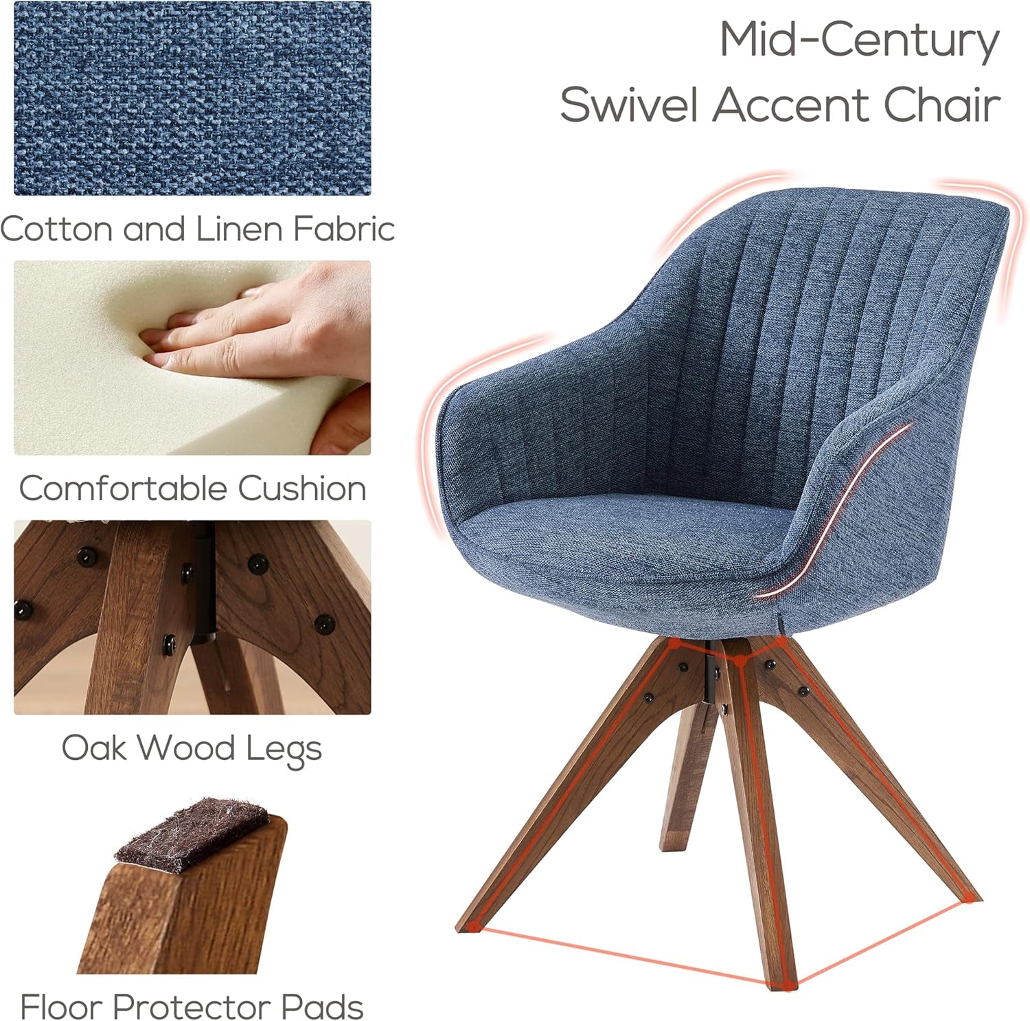 Desk Chair - Mid Century Modern Office Chair No Wheels, Swivel Accent Chair with Oak Wood Legs, Fabric Upholstered Arm Chair, Blue