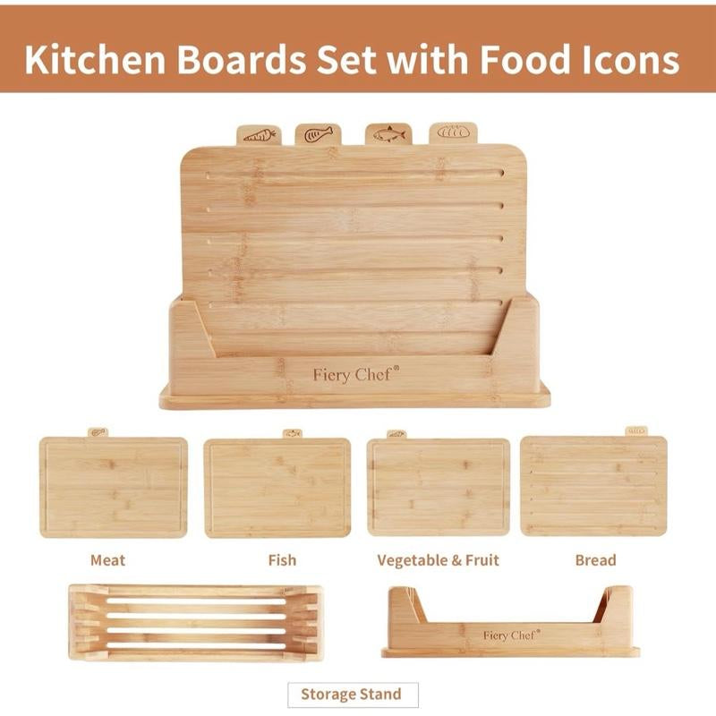12.6"L X 9"W Bamboo Cutting Board Set of 4 - Wood Cutting Board Set with Holder