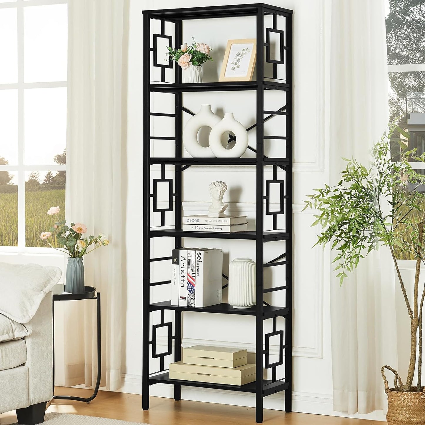 Tall Bookshelf, Industrial Bookshelf with Metal Frame and Open Shelves, 6 Tier Metal Bookshelves and Bookcases, Rustic Bookcase, Tall Book Shelf for Office, Living Room and Bedroom, Black