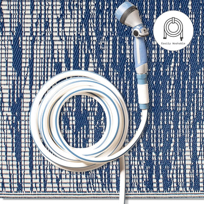 Abstract Distressed Stripes Outdoor Rug - Waterproof, Fade Resistant, Crease-Free, Reversible - Premium Recycled Plastic - Patio Porch Balcony Deck - Brooklyn Blue - 8X10 Ft