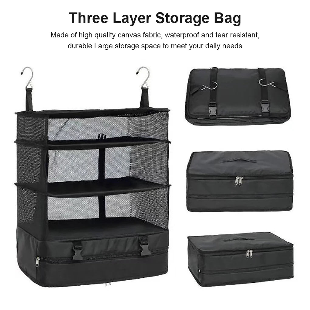 Outdoor Storage Mesh Bag Foldable 3 Layers 2 Hooks Zipper Pocket Hanging Barbecue Travel Fishing Camping Clothes