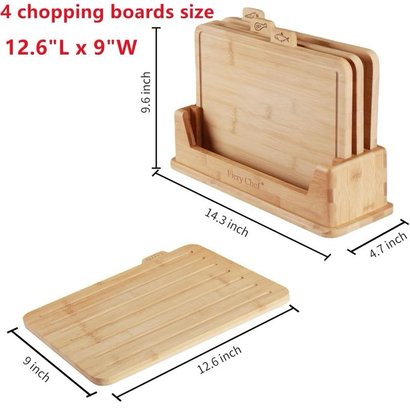 12.6"L X 9"W Bamboo Cutting Board Set of 4 - Wood Cutting Board Set with Holder