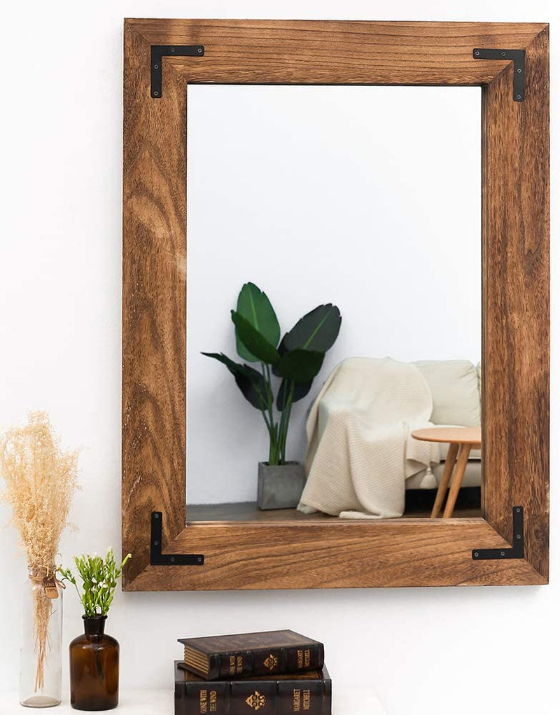 Rustic Wooden Framed Wall Mirror, Natural Wood Bathroom Vanity Mirror for Farmhouse Decor, Vertical or Horizontal Hanging, 32" X 24", Brown