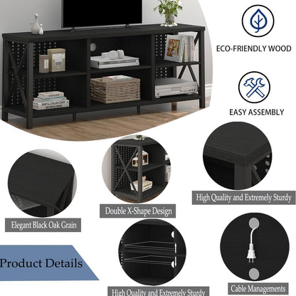 Black Entertainment Center, Modern Wood Metal TV Stand for 65 Inch TV, Industrial Television Stands with Cabinet Storage, Farmhouse Media Console Tables for Home Living Bedroom, Black Oak, 55 Inch