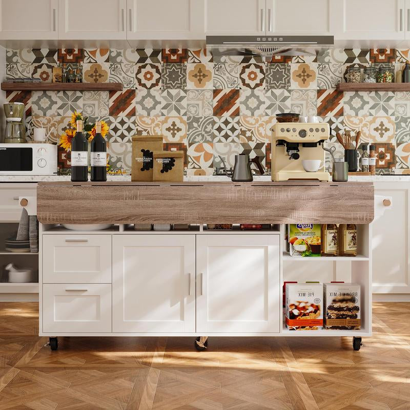 FUFU&GAGA Kitchen Island 54" Large Rolling Kitchen Island Cart on Wheels with Drop Leaf Breakfast Bar Spice Towel Rack Mobile Island Table for Kitchen with Storage, Moveable Cabinet Drawer