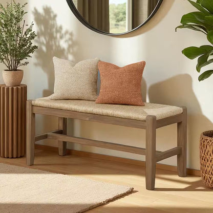 Newport Brown Wood Bench with Rush Seat 18 In. H X 40 In. W X 15 In. D