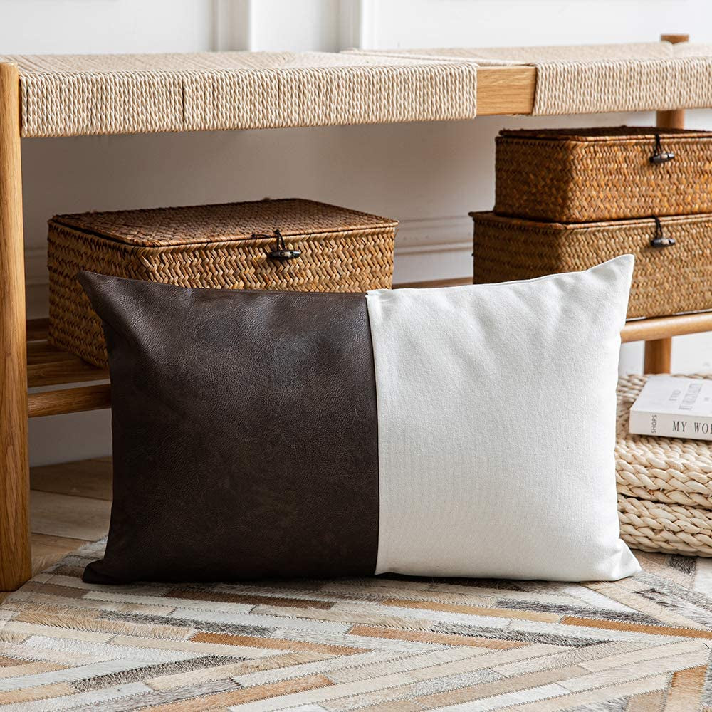Leather Throw Pillow Covers, Set of 2 Modern Leather/Cotton Decorative Pillowcases for Home Decor Bedroom Living Room Couch Bed Sofa, 12X20 Inch, Dark-Brown and White