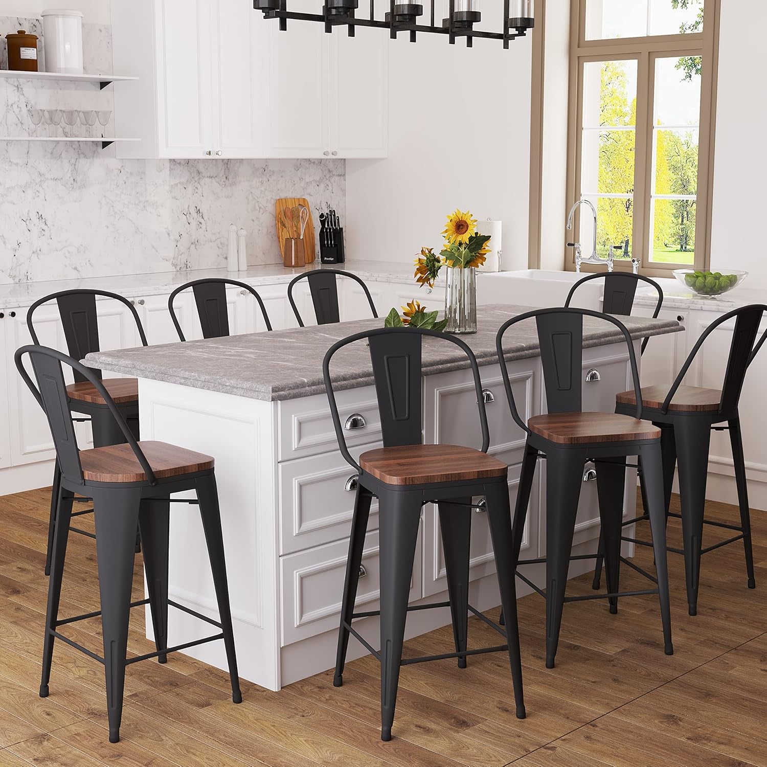 Metal Bar Stools Set of 4,24 Inch Barstools Counter Height Bar Stools with Backs Farmhouse Bar Stools with Larger Seat High Back Kitchen Dining Chairs Modern Bar Chairs Matte Black Stool