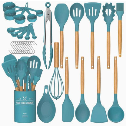 Kitchen Cooking Utensils Set, 33 Pcs Non-Stick Silicone Cooking Kitchen Utensils Spatula Set with Holder, Wooden Handle Silicone Kitchen Gadgets Utensil Set