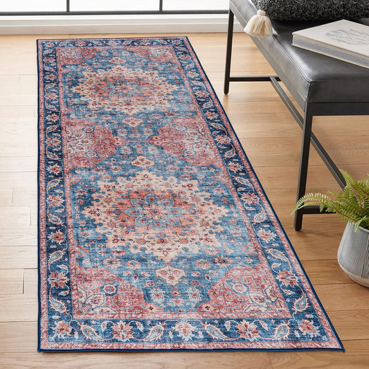 Realife Machine Washable Rug - Stain Resistant, Non-Shed - Eco-Friendly, Non-Slip, Family & Pet Friendly - Made from Premium Recycled Fibers - Distressed Vintage Medallion - Light Blue - 2'6" X 8'