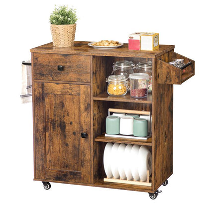 HOOBRO Kitchen Island on Wheels, Storage Cabinet with Drawer, Kitchen Cart with Spice and Towel Rack, Saving Space, Easy Assembly, for Living Room, Rustic Brown#Springtok
