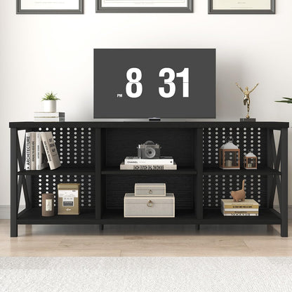 Black Entertainment Center, Modern Wood Metal TV Stand for 65 Inch TV, Industrial Television Stands with Cabinet Storage, Farmhouse Media Console Tables for Home Living Bedroom, Black Oak, 55 Inch