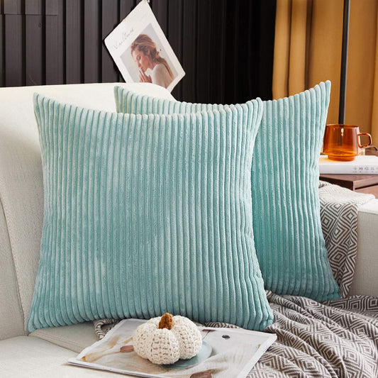 Pack of 2, Corduroy Soft Decorative Square Throw Pillow Cover Cushion Covers Pillowcase, Home Decor Decorations for Sofa Couch Bed Chair 18X18 Inch/45X45 Cm (Striped Light Green)