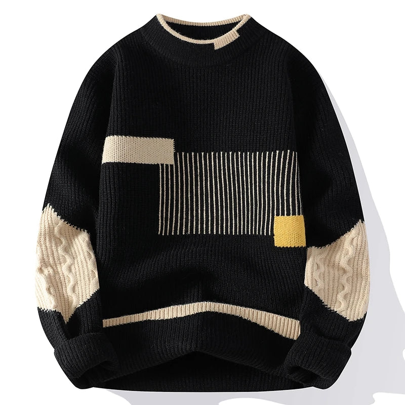 Men'S Mock Neck Knitted Sweater Fashion Patchwork Knitting Pullovers Men Autumn Winter Daily Casual Warm Pullover Sweaters Man