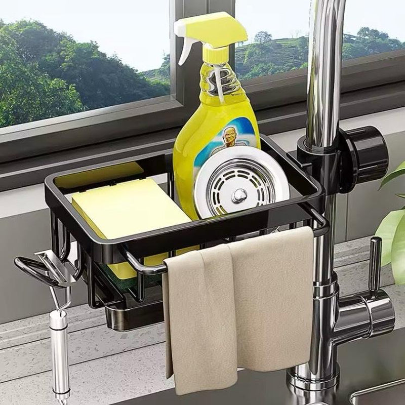 Ronnos Kitchen Accessories Sink Caddy, Multifunctional Sink Faucet Adjustable Attachable Storage Rack Kitchen Organizer, Dish Sponge Holder Attachable to Sink Faucet 0.7-1.1 Inch Pipe for Bathroom and Kitchen, Metal Accessory with Detachable Water Tray