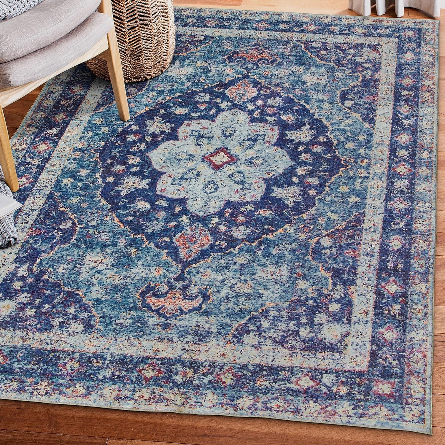 Realife Machine Washable Rug - Stain Resistant, Non-Shed - Eco-Friendly, Non-Slip, Family & Pet Friendly - Made from Premium Recycled Fibers - Vintage Distressed Medallion - Blue, 4' X 6'
