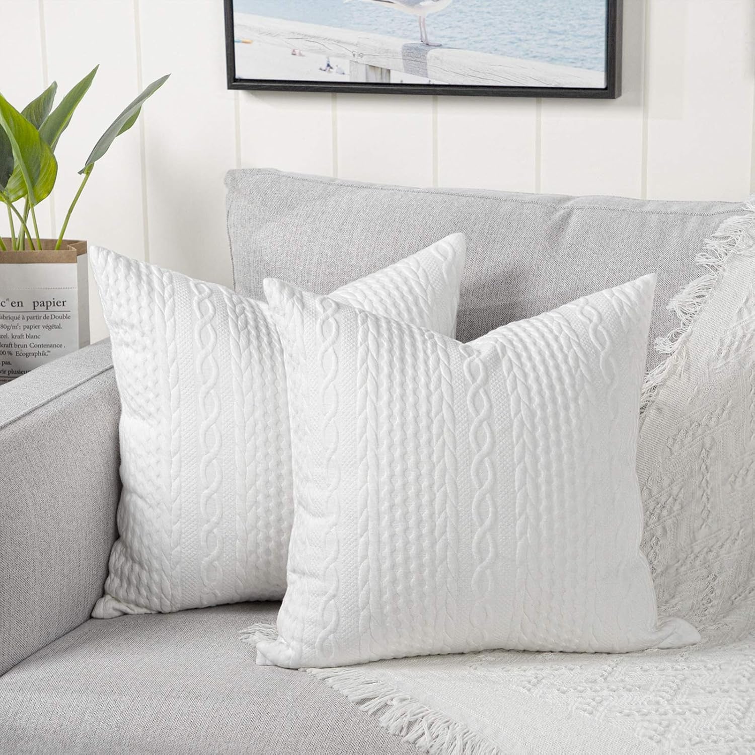 Pack of 2 Super Soft Decorative Throw Pillow Covers Square Cushion Cases Pillowcases for Couch Sofa Bedroom Car Modern Embossed Patterned,24 X 24 Inch,White