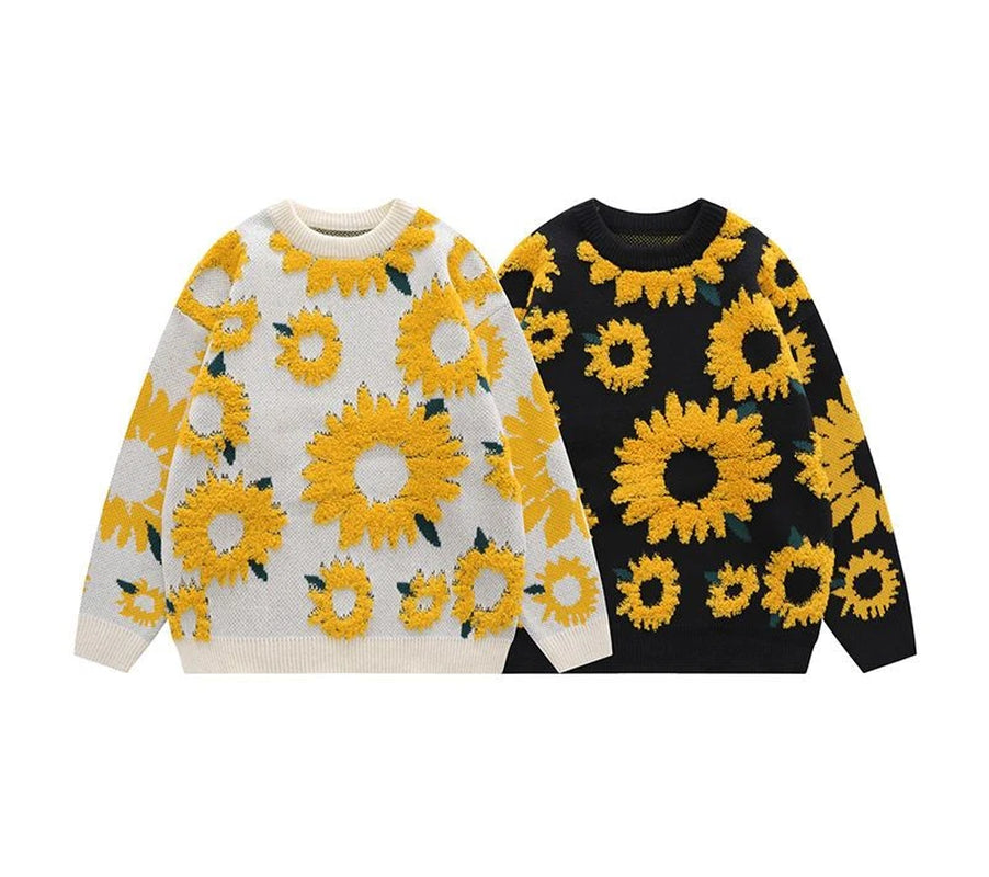 Harajuku New Mens Sweater Sunflower Flocked round Neck Oversized Sweater Men Ins Style Loose Casual Couple Knitted Pullover Tops