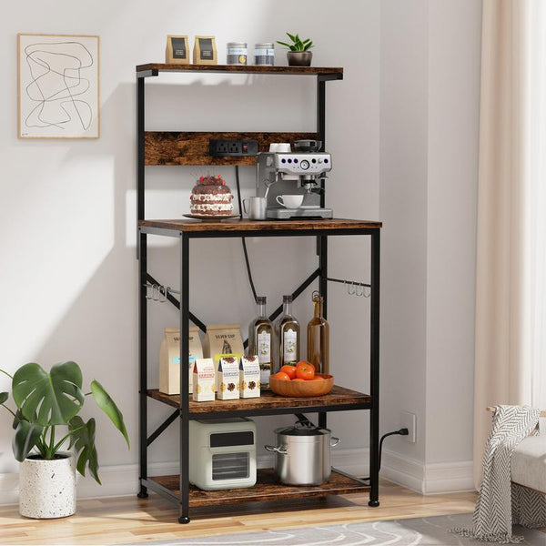 Walsunny 23.6" Standing Bakers Rack with Power Outlet, Kitchen Organizers and Storage with 6 Hooks, Kitchen Shelf, Coffee Station Cabinet, Wooden
