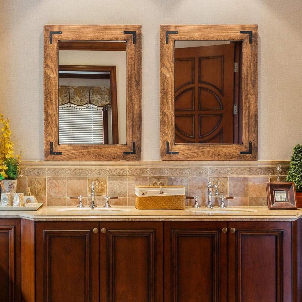 Rustic Wooden Framed Wall Mirror, Natural Wood Bathroom Vanity Mirror for Farmhouse Decor, Vertical or Horizontal Hanging, 32" X 24", Brown