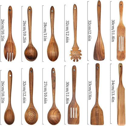 Wooden Cooking Utensils Set, 12Pcs/Set Wooden Kitchen Utensil Set, Natural Teak Wood Cooking Spoons Utensils, Kitchen Gadgets, Kitchen Supplies Set, Housewarming Gift Ideas, Kitchen Accessories, Kitchen Tool