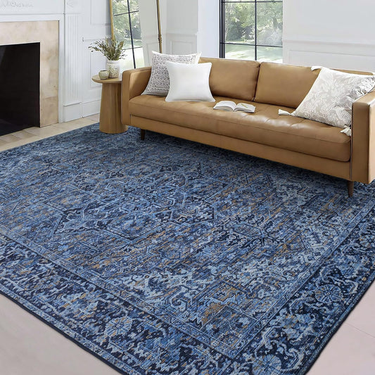 Machine Washable Area Rug - Living Room Bedroom Bathroom Kitchen Entryway Office - Padded Low Pile Stain Resistant Premium - Boho Vintage Traditional - Lyle - Blue 7'6" X 9'6"
