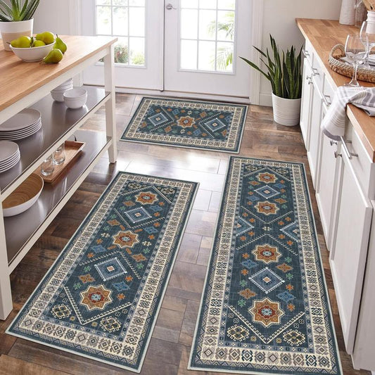 LOKHOM Liquidproof Kitchen Rug Sets of 3 Soft Non Slip Mats Washable Runner Rugs Farmhouse Rug Vintage Decor Original Family Home Set Bohemian Style 20"X32"+20"X47"+20"X59" Polyester TPR Backing Durable Practical