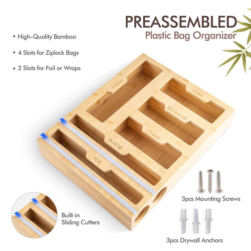 Bamboo Plastic Bag Organizer for Kitchen Drawer - Resealable Bag & Foil Wrap Holder - Pantry Storage Solution - 17” X 13” X 3.5” - Eco-Friendly Kitchen Cabinet Organizer