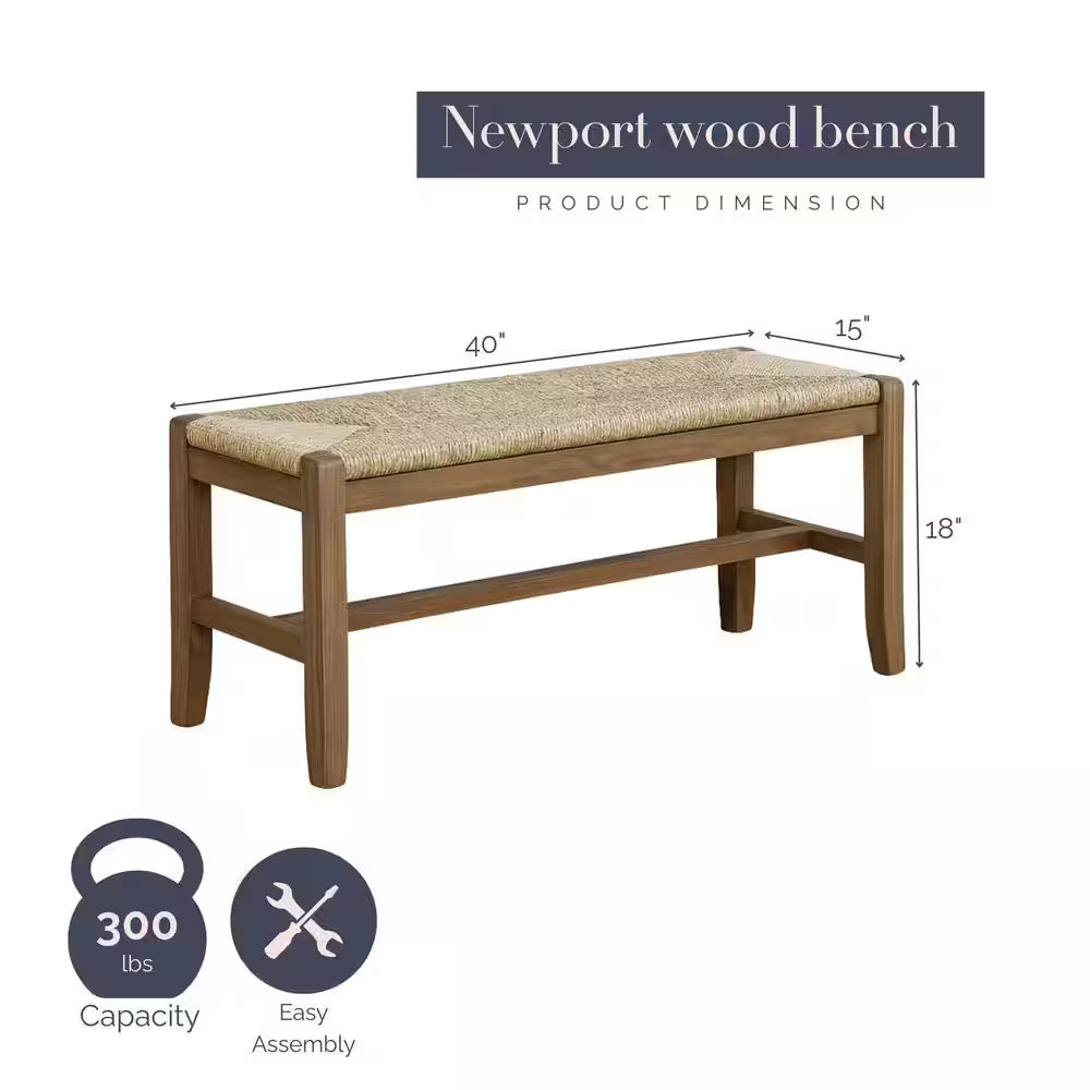 Newport Brown Wood Bench with Rush Seat 18 In. H X 40 In. W X 15 In. D