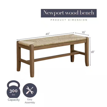 Newport Brown Wood Bench with Rush Seat 18 In. H X 40 In. W X 15 In. D