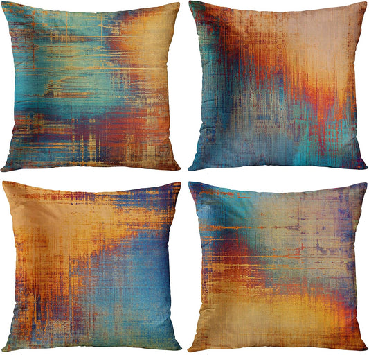 Set of 4 Throw Pillow Covers Vintage Abstract Blue and Orange Messy Rust Painting Decorative Pillow Cases Home Decor Standard Square 18X18 Inches Pillowcases
