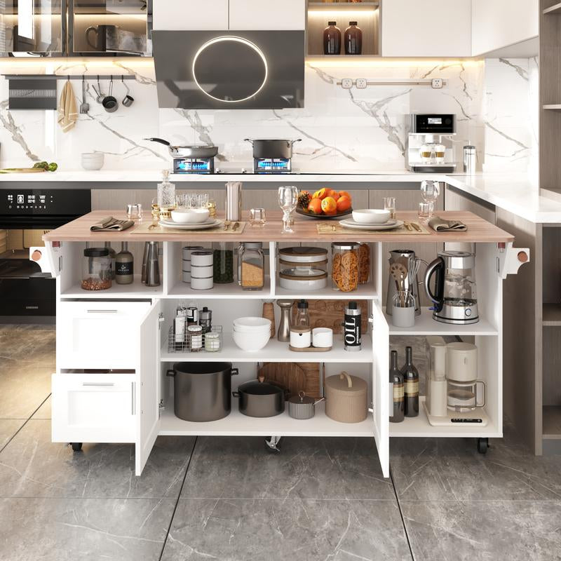 FUFU&GAGA Kitchen Island with Storage, Rolling Kitchen Island on Wheels with Drop-Leaf Bar Countertop, Island Table for Kitchen with Side Open Spice Rack and Tower Rack, Extra Storage for Kitchen