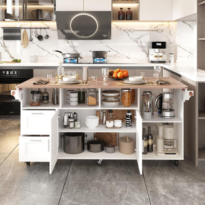 FUFU&GAGA Kitchen Island with Storage, Rolling Kitchen Island on Wheels with Drop-Leaf Bar Countertop, Island Table for Kitchen with Side Open Spice Rack and Tower Rack, Extra Storage for Kitchen